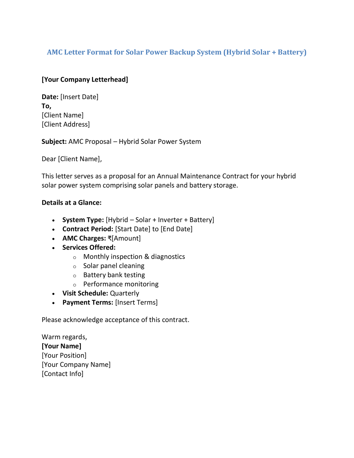 AMC Letter Format for Solar Power Backup System (Hybrid Solar Battery)