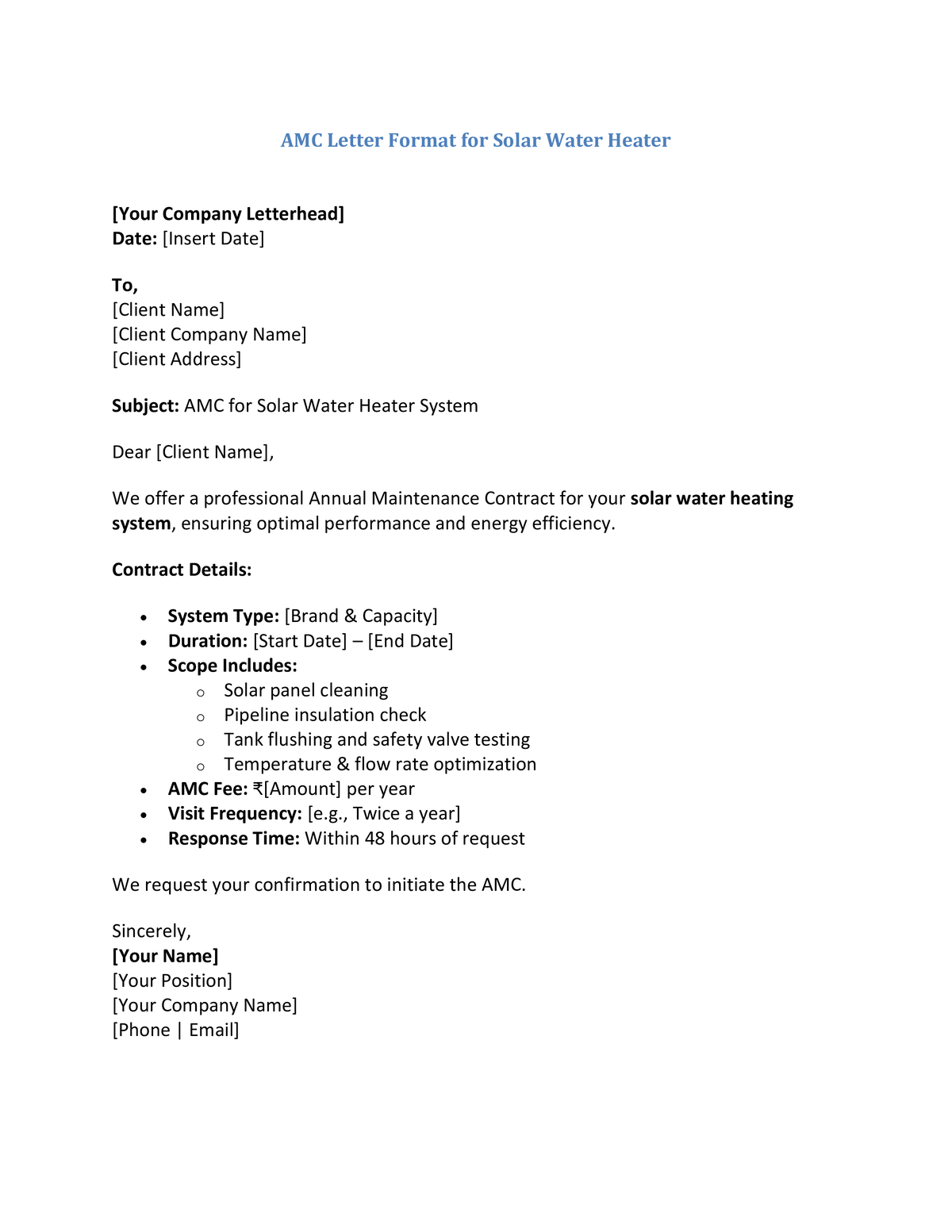 AMC Letter Format for Solar Water Heater