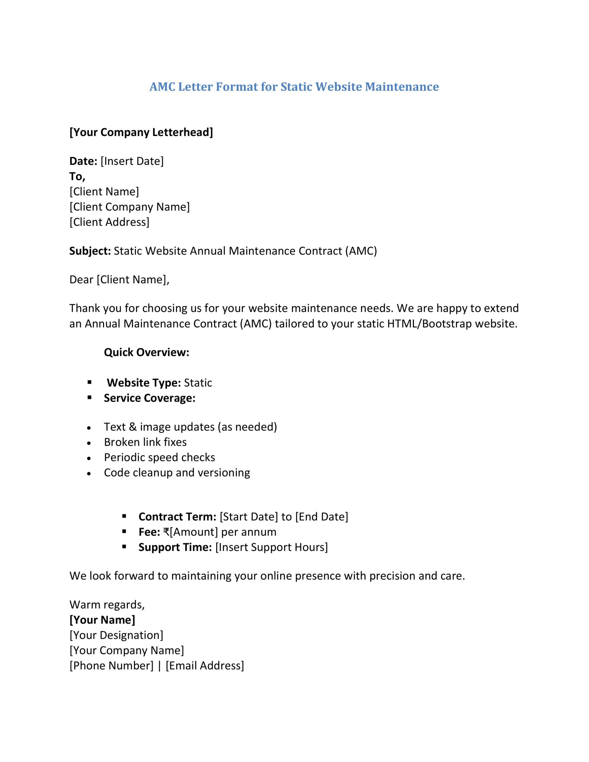 AMC Letter Format for Static Website Maintenance