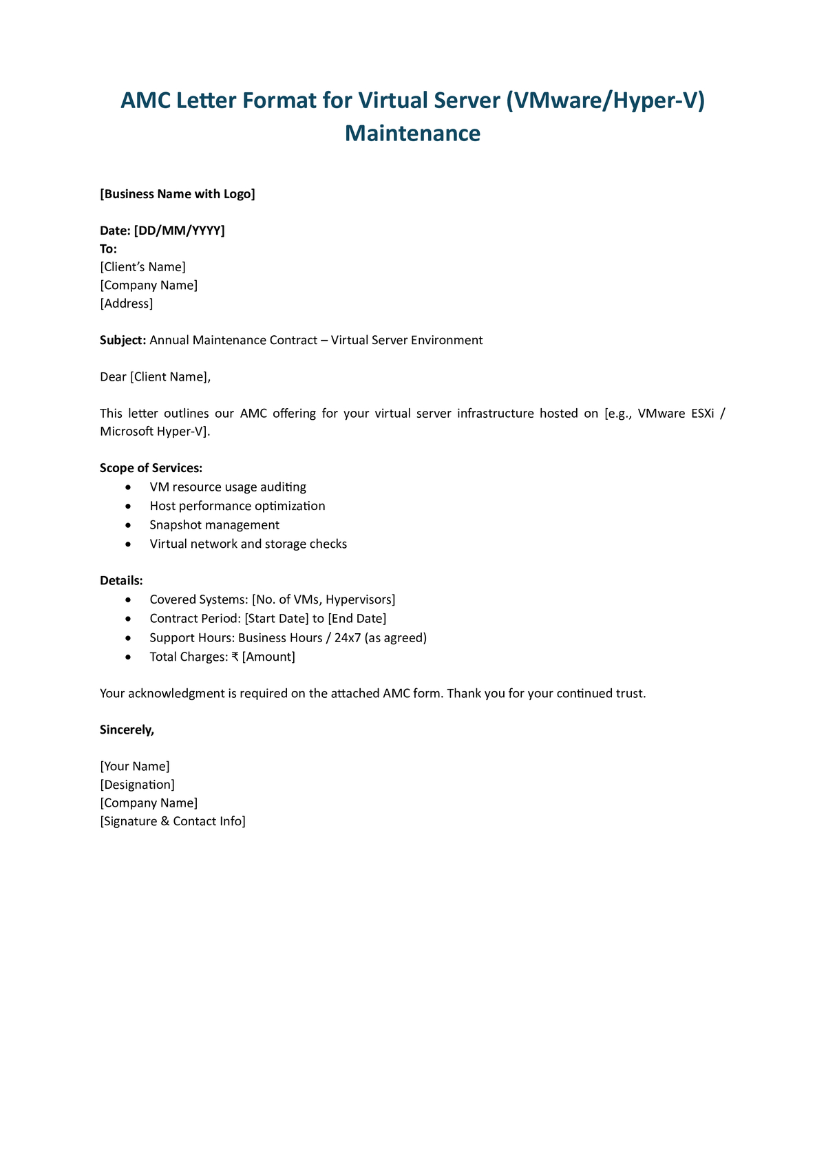 AMC Letter Format for Virtual Server (VMware or Hyper-V) Maintenance