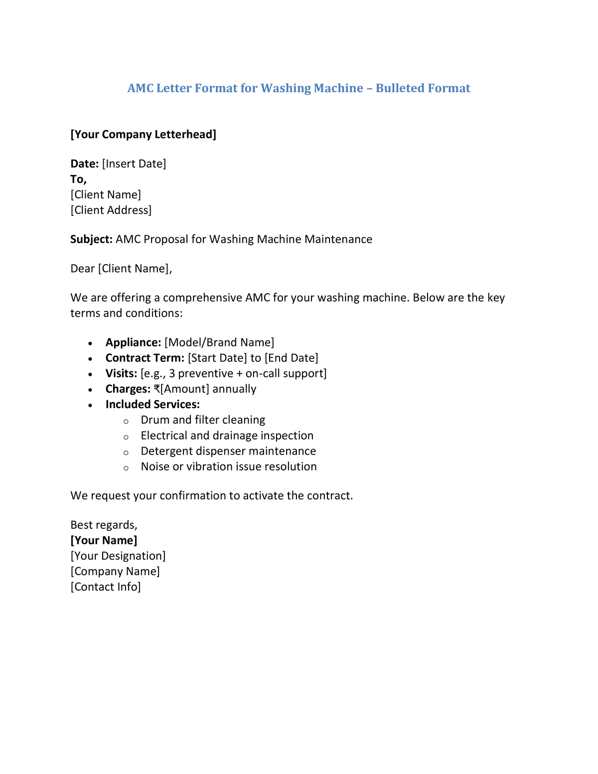 AMC Letter Format for Washing Machine – Bulleted Format