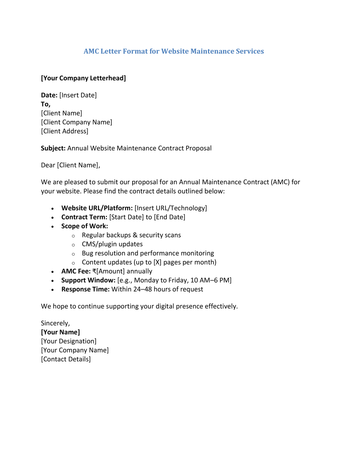 AMC Letter Format for Website Maintenance Services