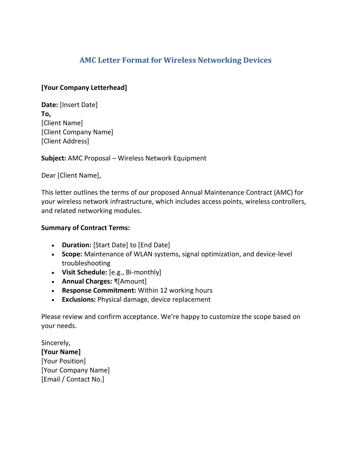 AMC Letter Format for Wireless Networking Devices