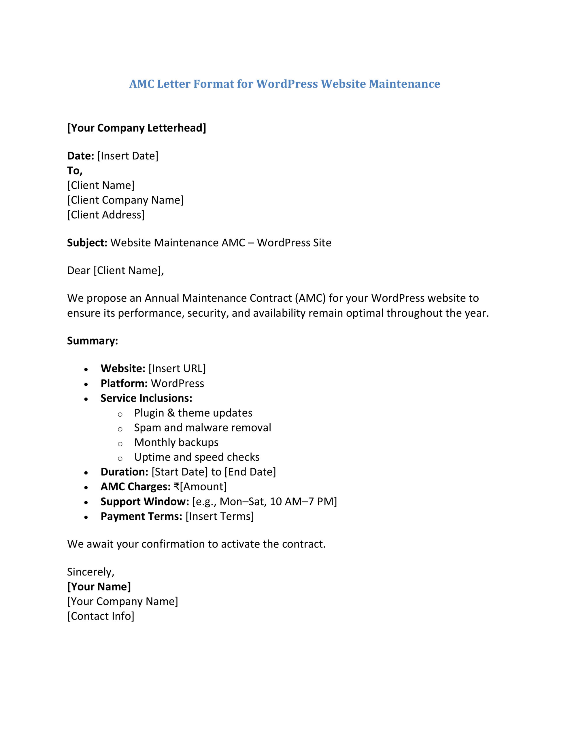 AMC Letter Format for WordPress Website Maintenance