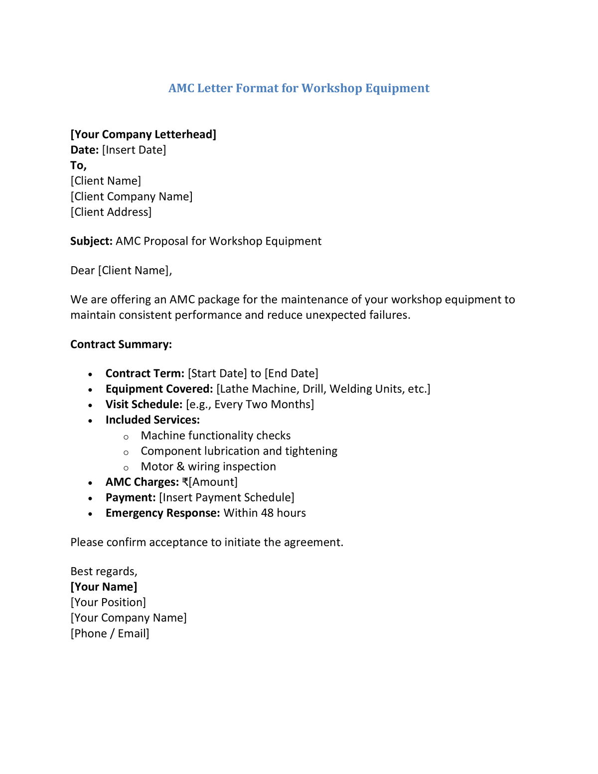 AMC Letter Format for Workshop Equipment