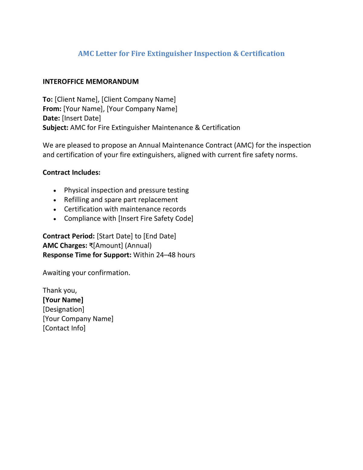 AMC Letter for Fire Extinguisher Inspection & Certification