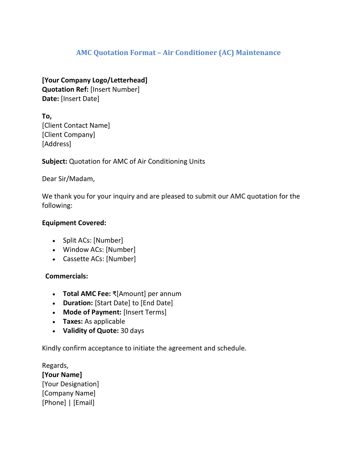 AMC Quotation Format – Air Conditioner (AC) Maintenance