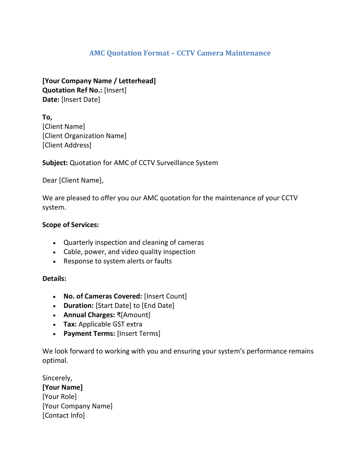 AMC Quotation Format – CCTV Camera Maintenance