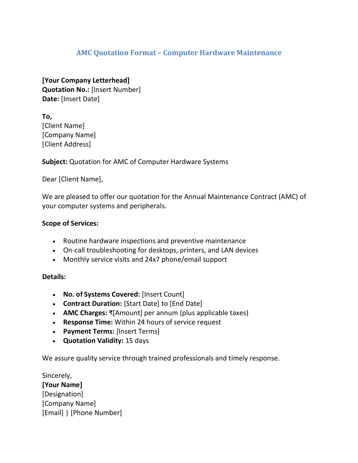 AMC Quotation Format – Computer Hardware Maintenance