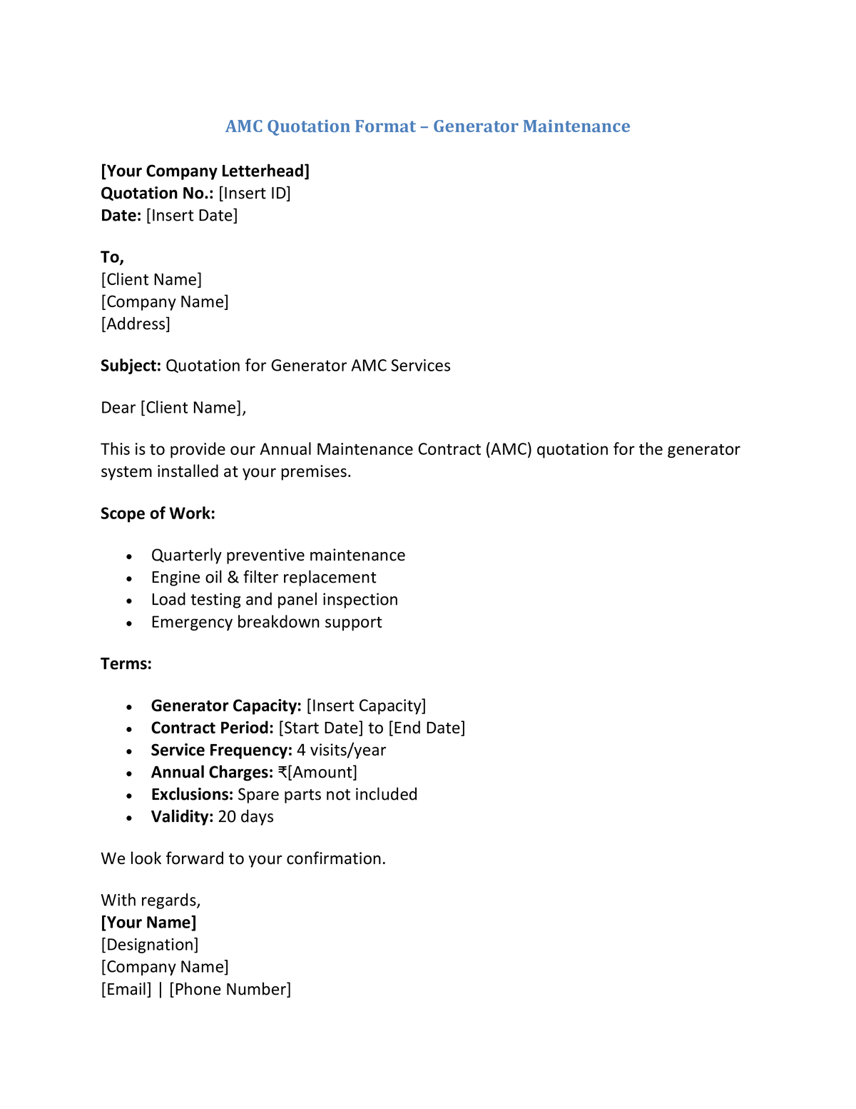 AMC Quotation Format – Generator Maintenance