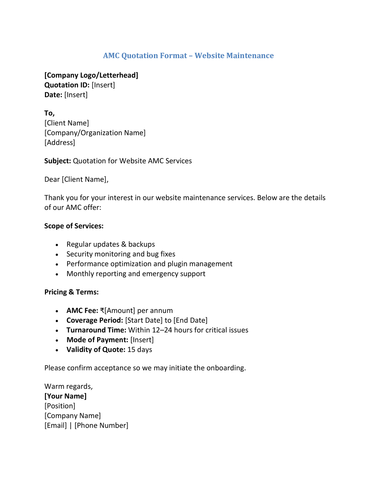 AMC Quotation Format – Website Maintenance