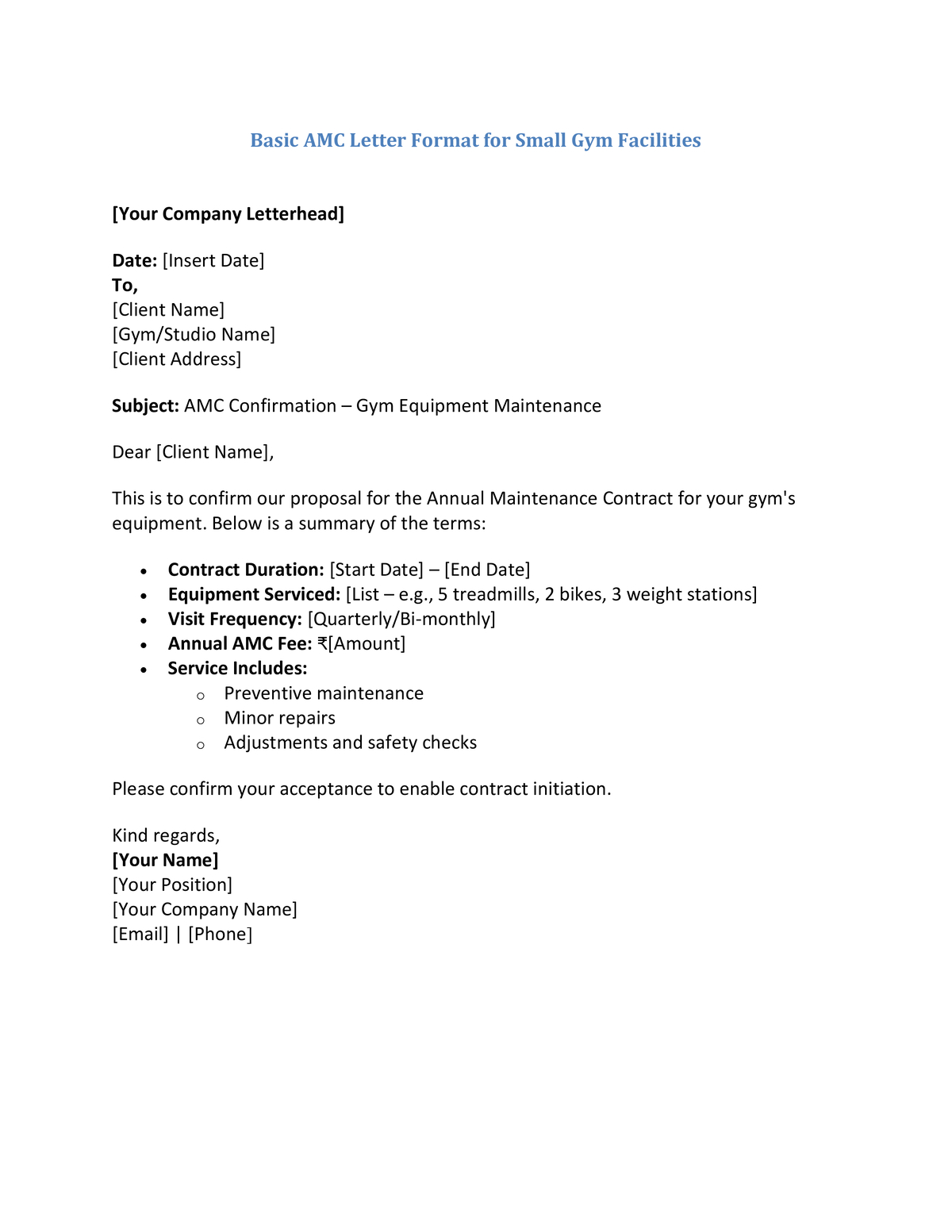 Basic AMC Letter Format for Small Gym Facilities