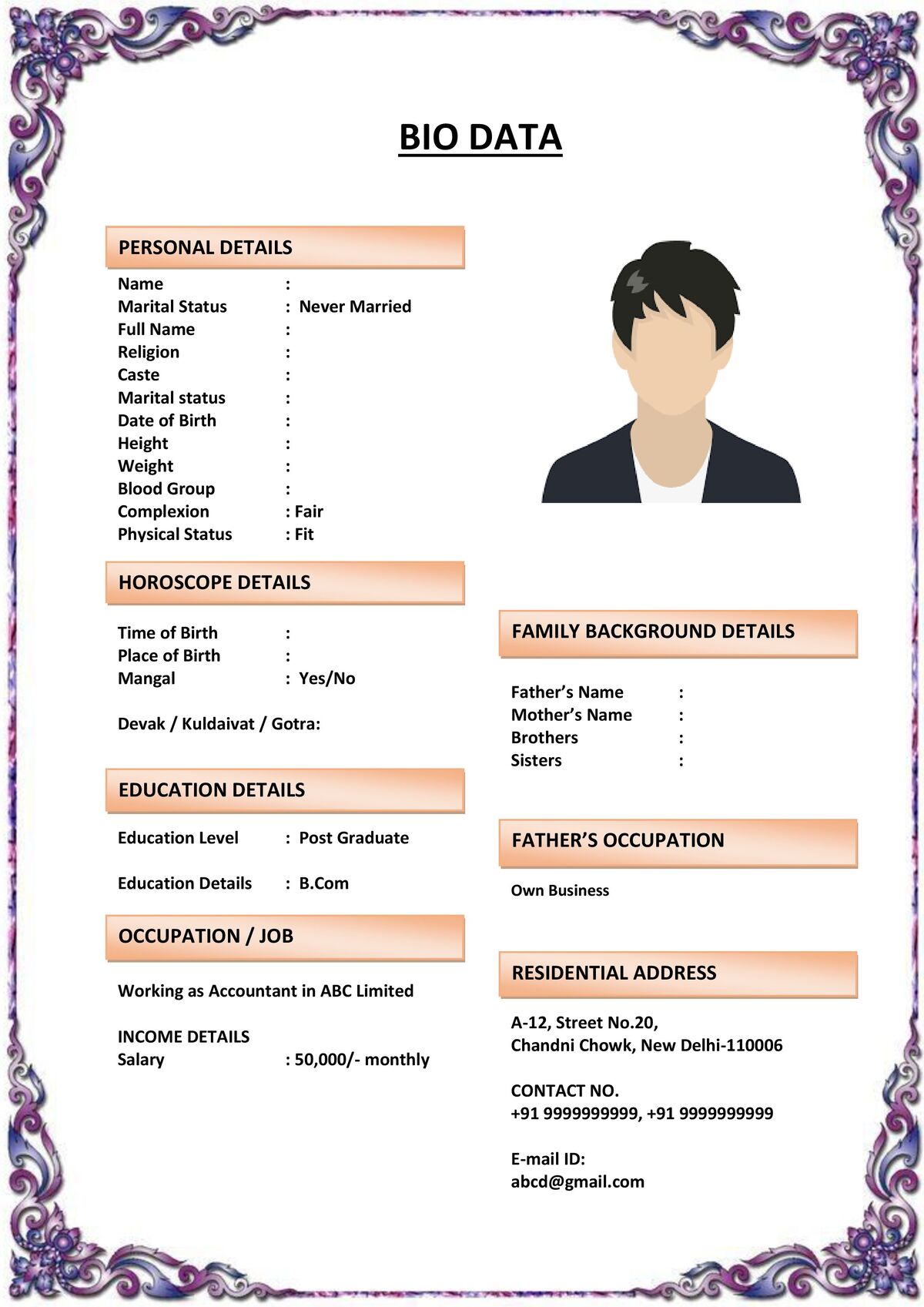 Biodata Format for Engineer Brides