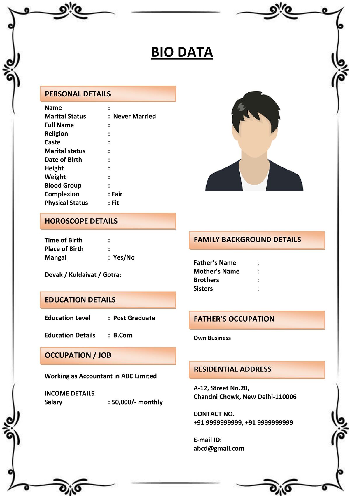 Biodata Format with Editable Font Styles