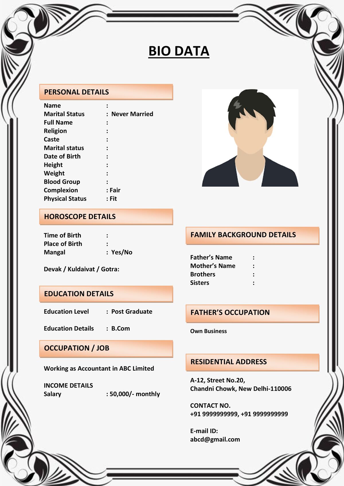 Biodata Template for CA, CS, CFA