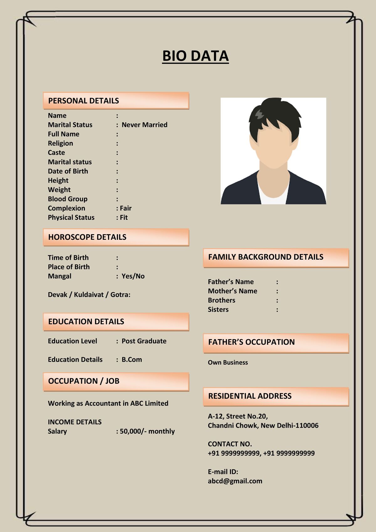 Biodata Template with Contact Section