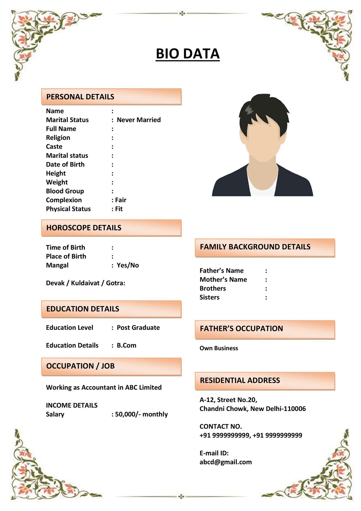 Biodata for Matrimonial Website Upload