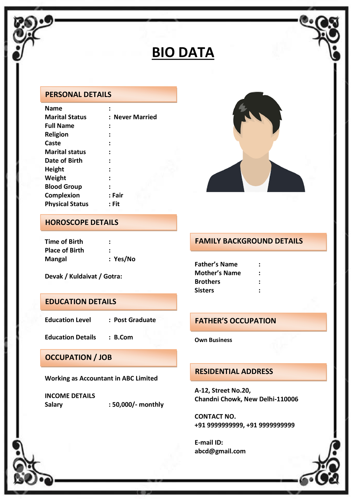 Biodata with Customizable Headings