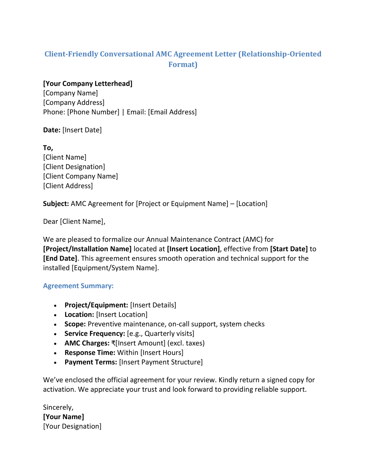 Client-Friendly Conversational AMC Agreement Letter (Relationship-Oriented Format)