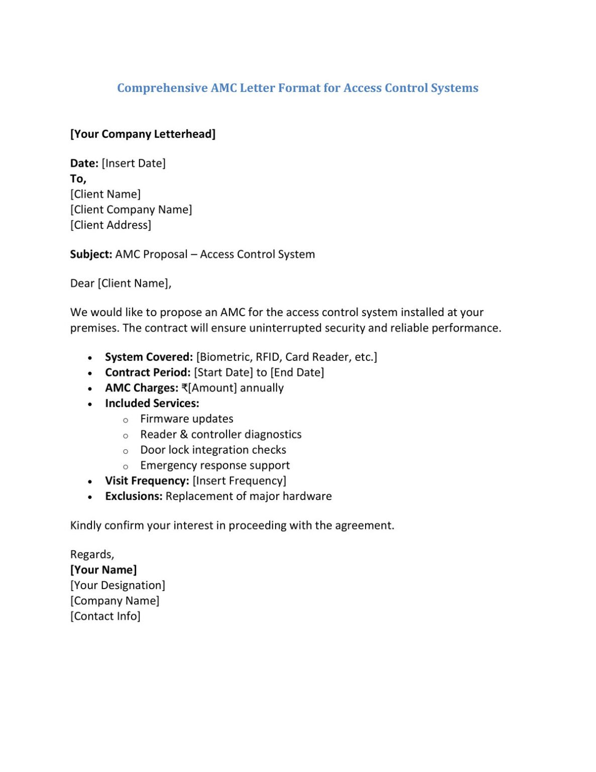 AMC Letter Format for Security System (5 Templates) Download in Word ...