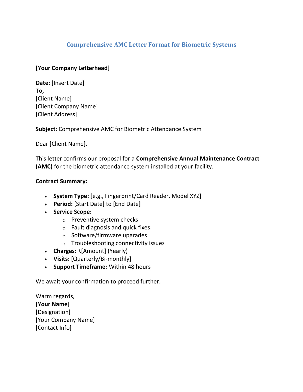 Comprehensive AMC Letter Format for Biometric Systems