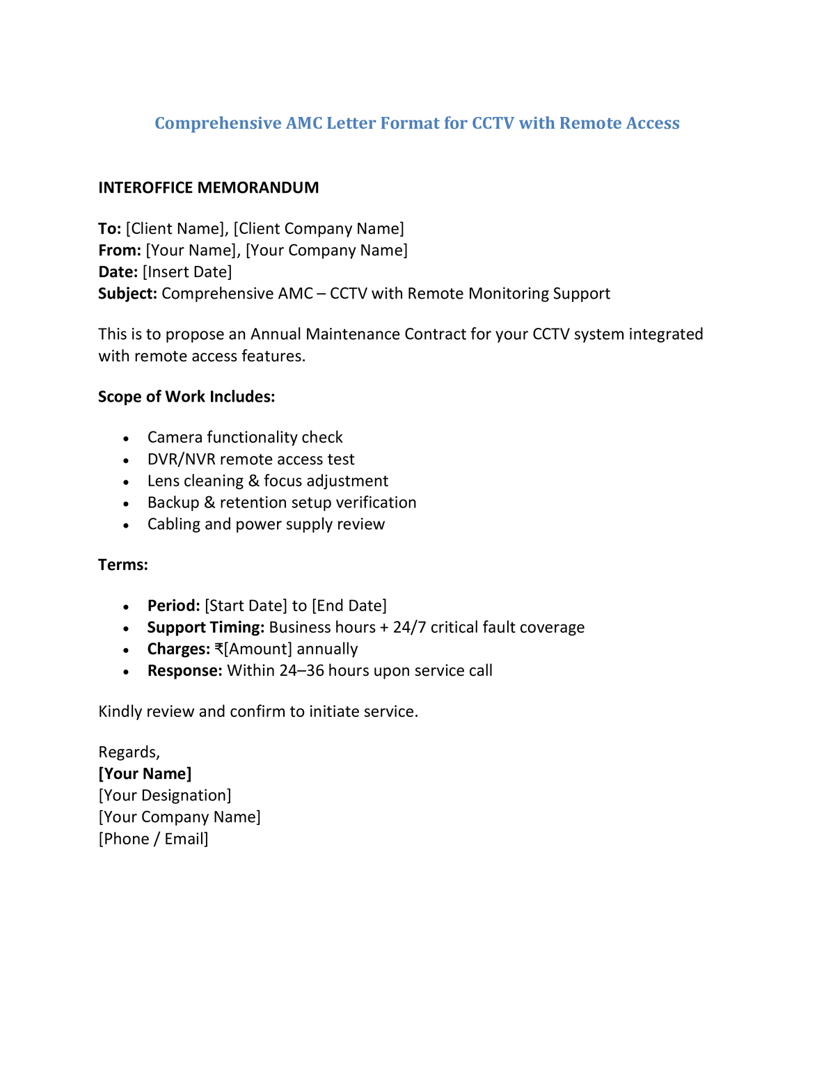 Comprehensive AMC Letter Format for CCTV with Remote Access