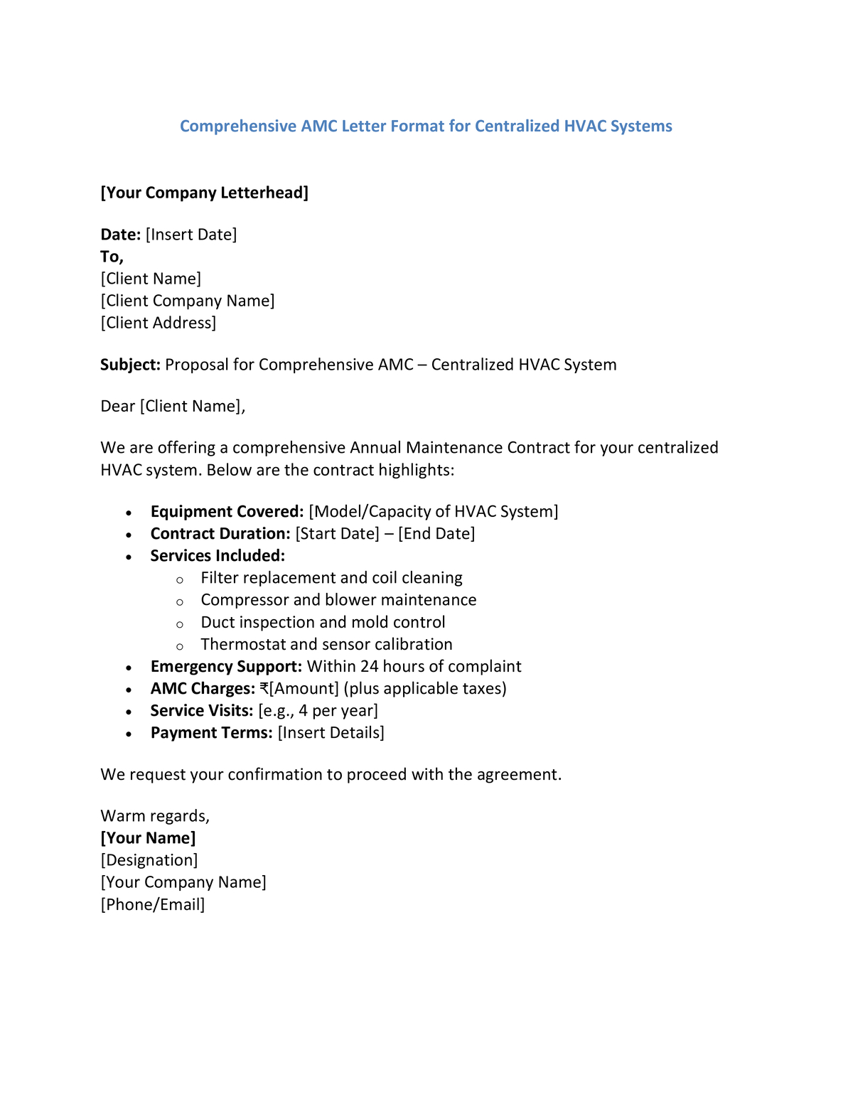 Comprehensive AMC Letter Format for Centralized HVAC Systems