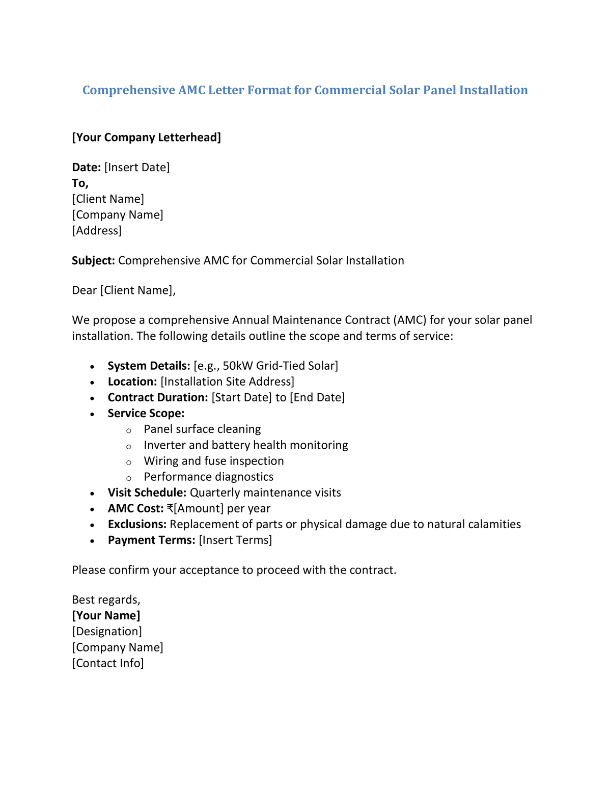 Comprehensive AMC Letter Format for Commercial Solar Panel Installation