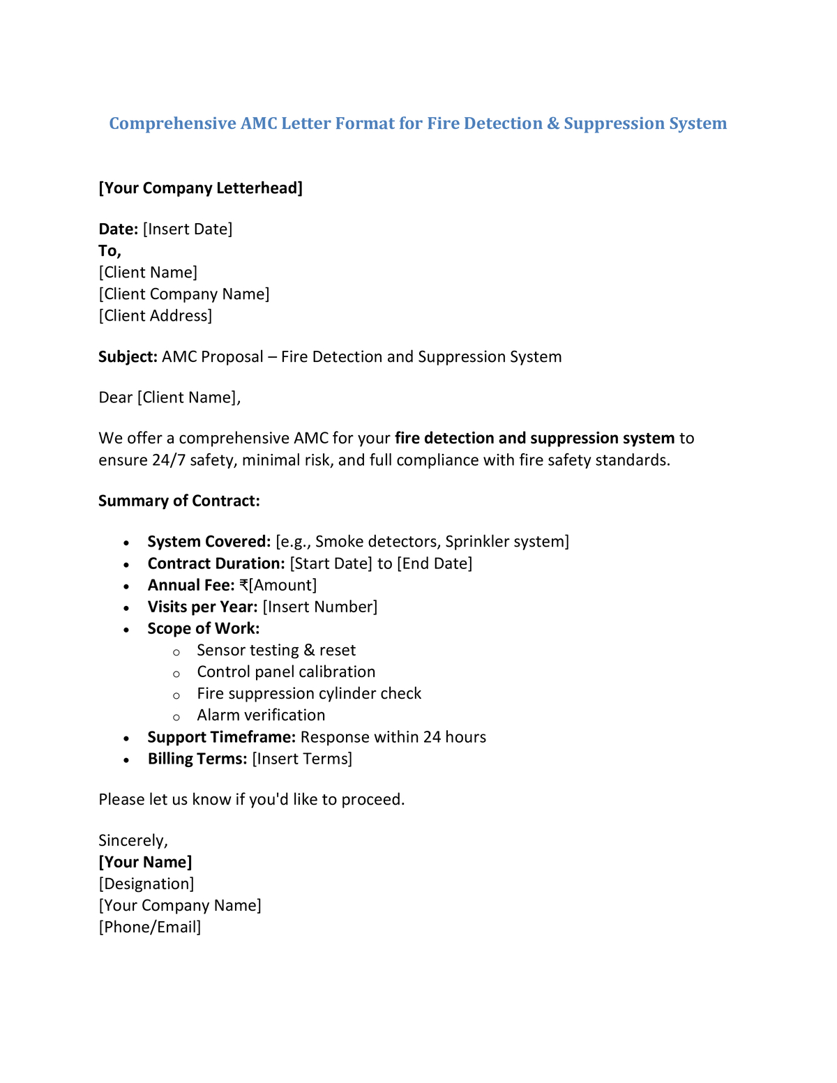 Comprehensive AMC Letter Format for Fire Detection & Suppression System