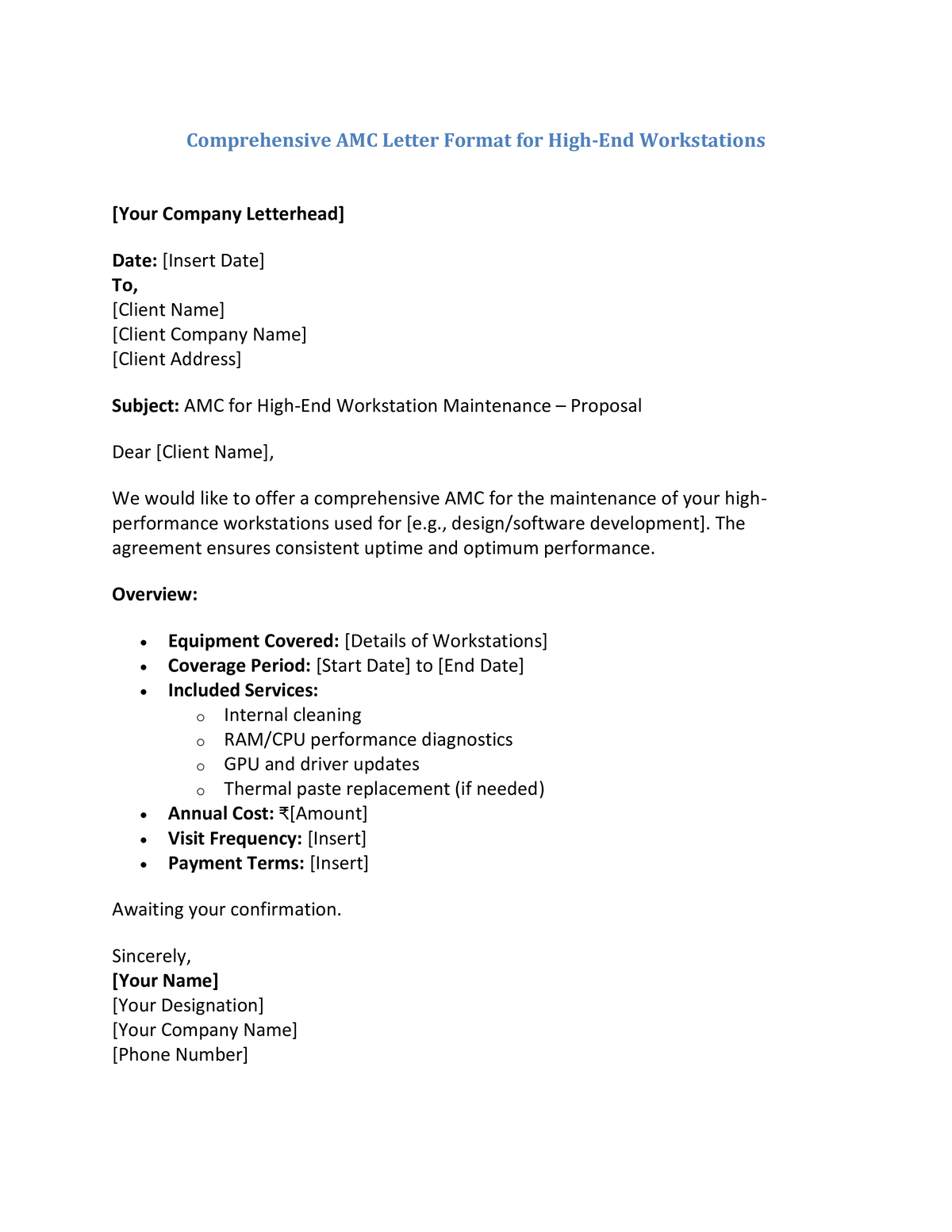 Comprehensive AMC Letter Format for High-End Workstations