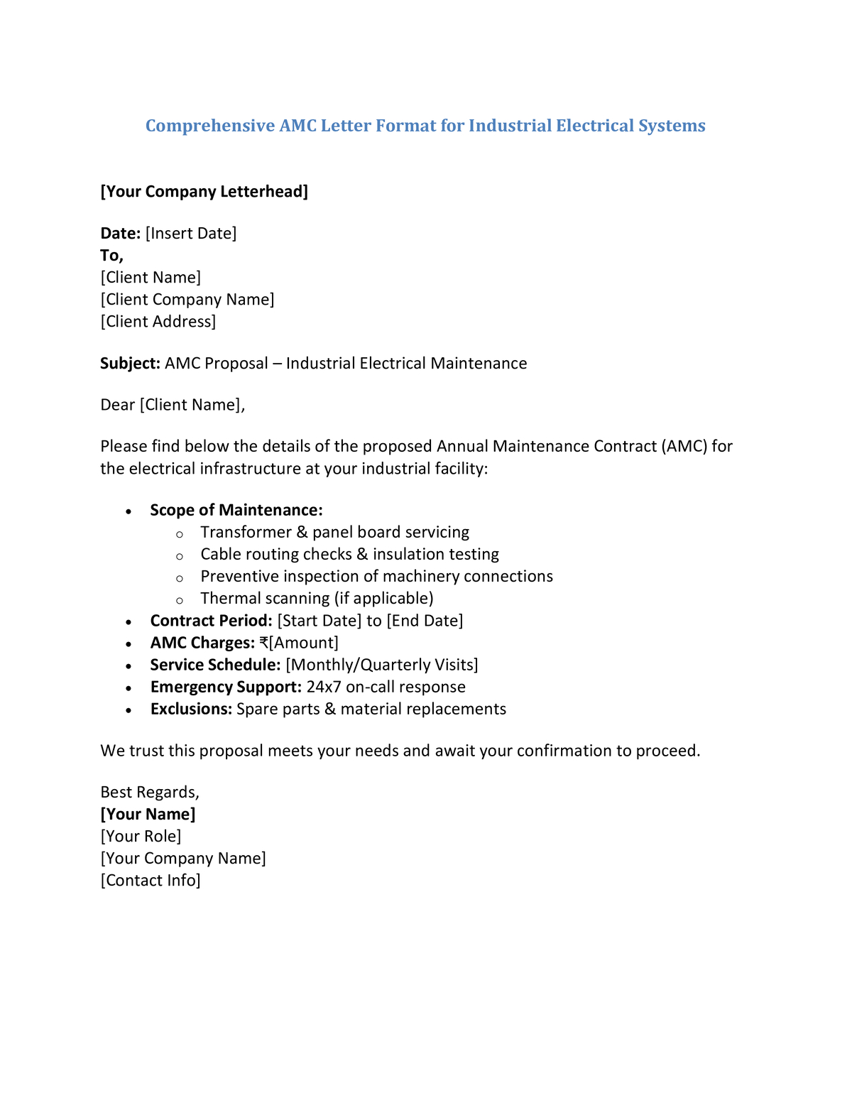 Comprehensive AMC Letter Format for Industrial Electrical Systems