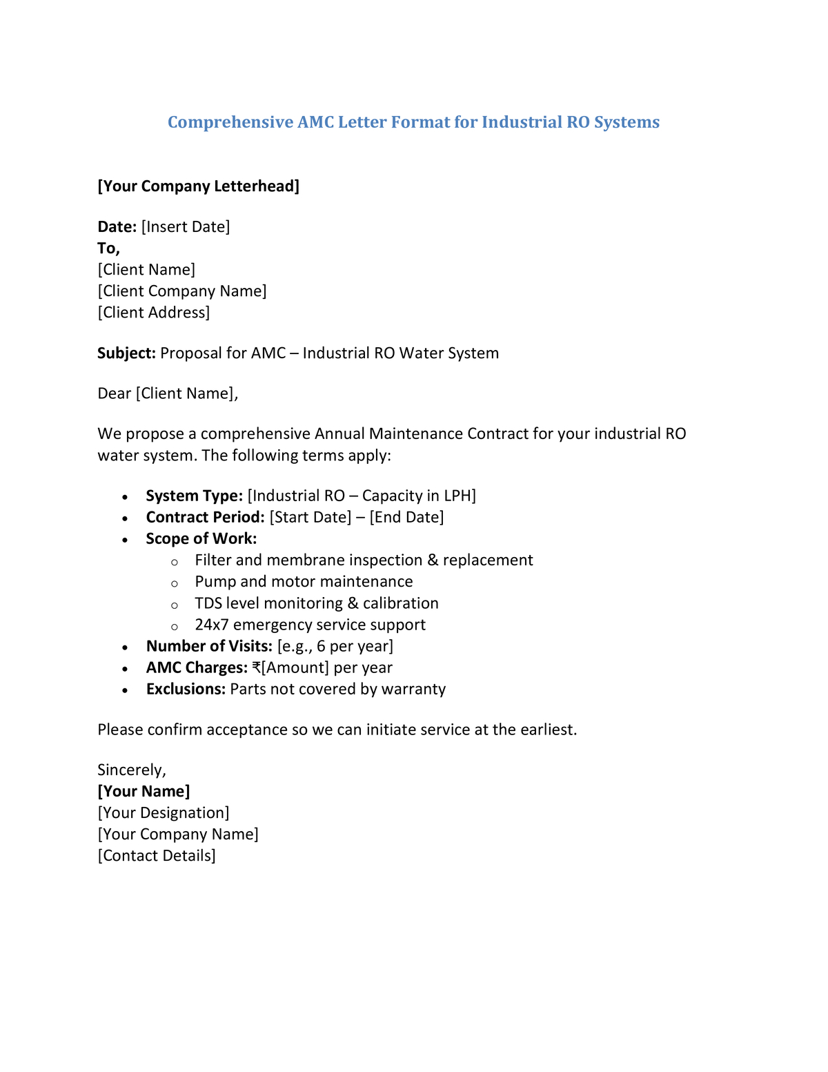 Comprehensive AMC Letter Format for Industrial RO Systems