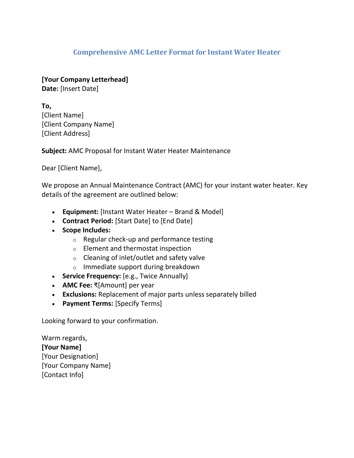 Comprehensive AMC Letter Format for Instant Water Heater