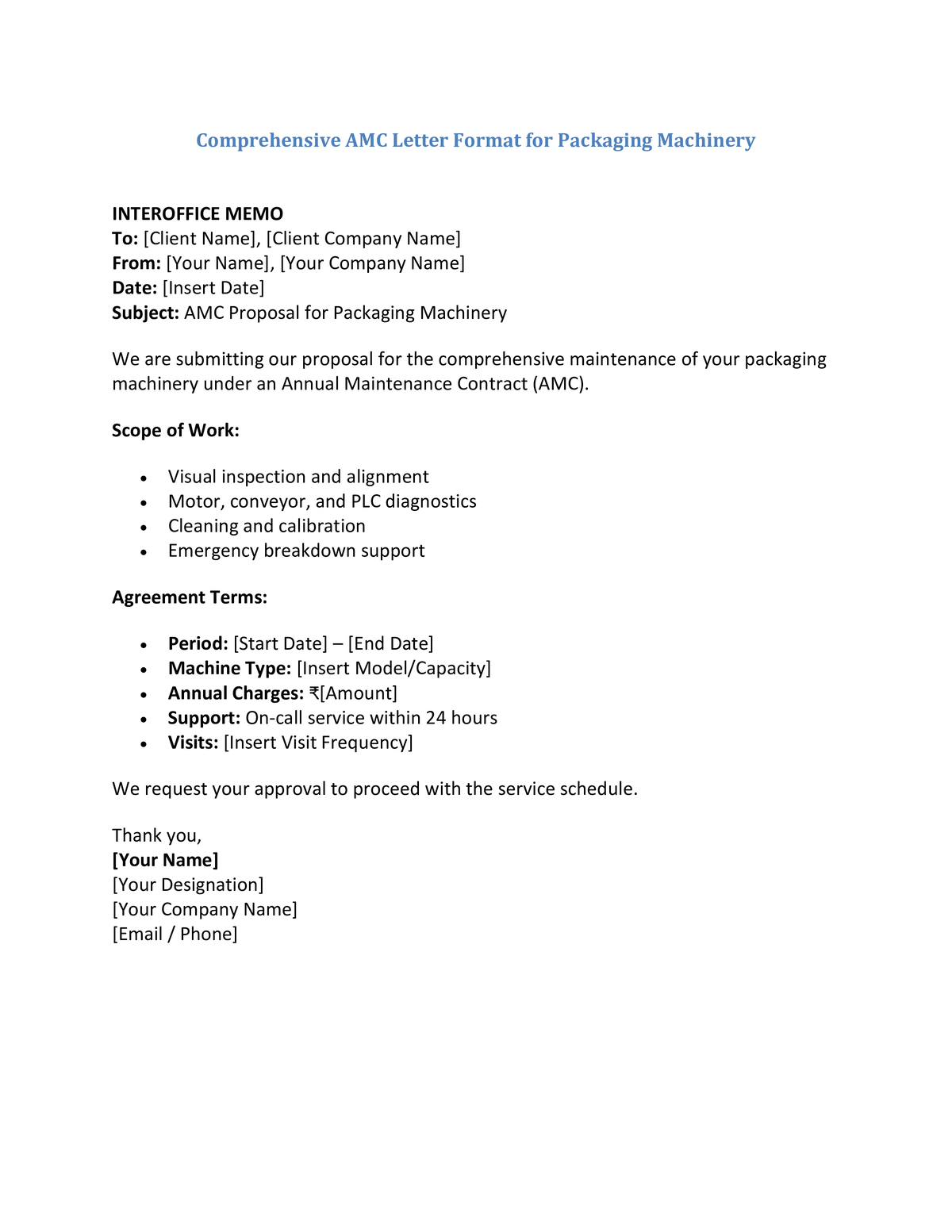 Comprehensive AMC Letter Format for Packaging Machinery