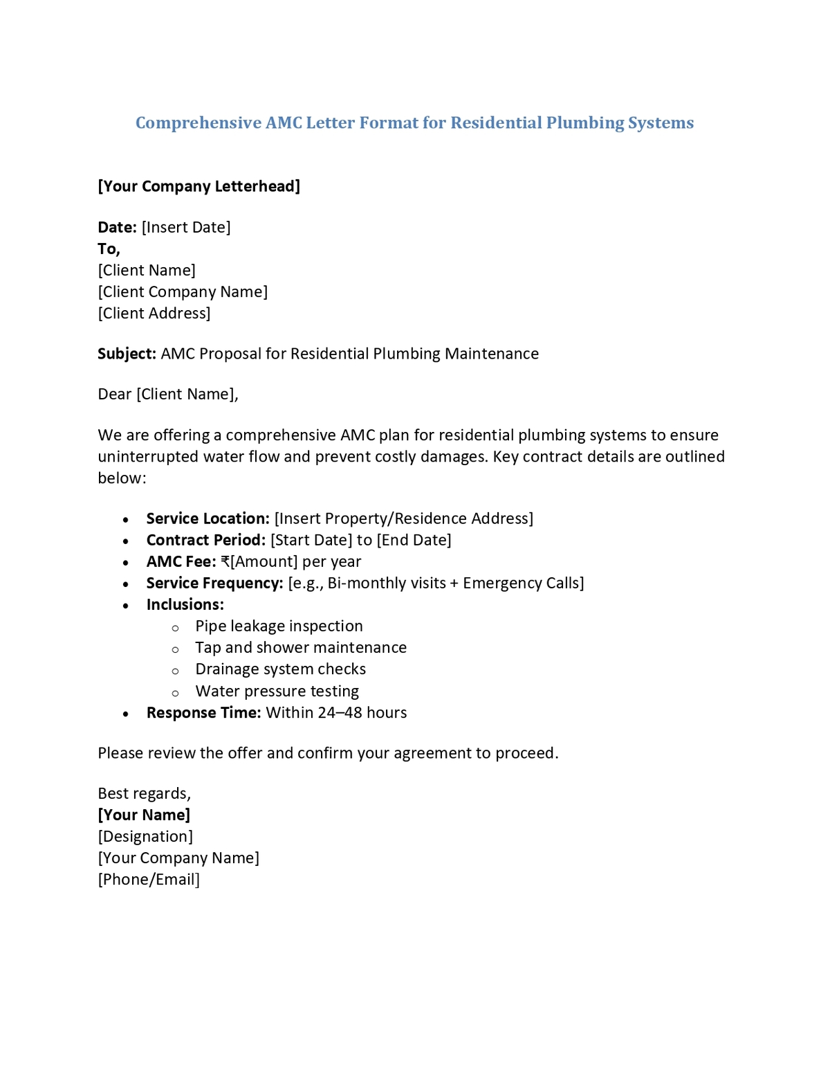 Comprehensive AMC Letter Format for Residential Plumbing Systems