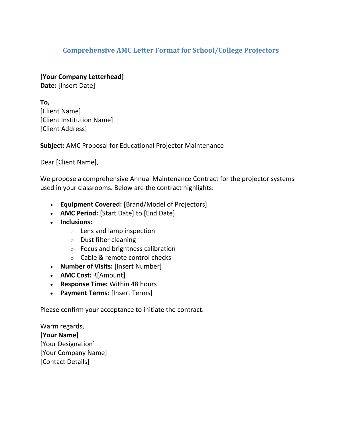 Comprehensive AMC Letter Format for School College Projectors