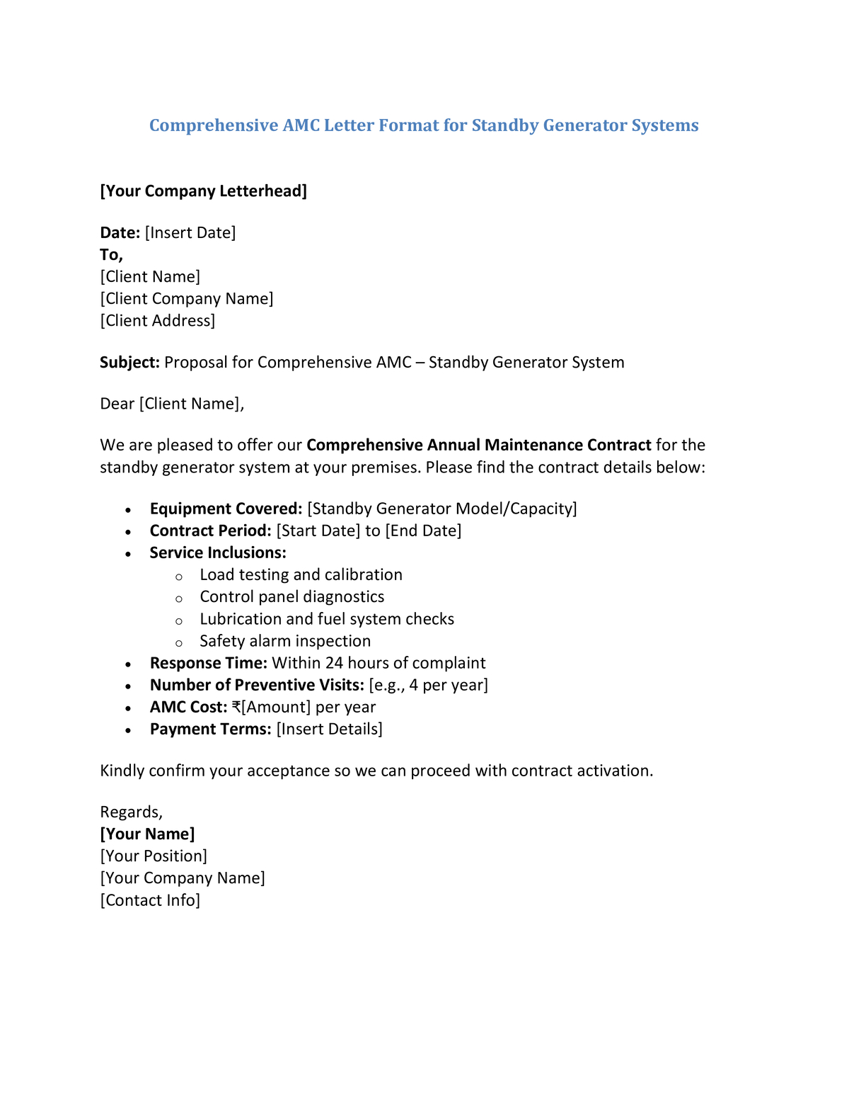 Comprehensive AMC Letter Format for Standby Generator Systems
