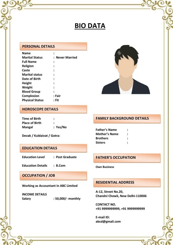 Simple Marriage Biodata Format for Boy (Download Word .docx)