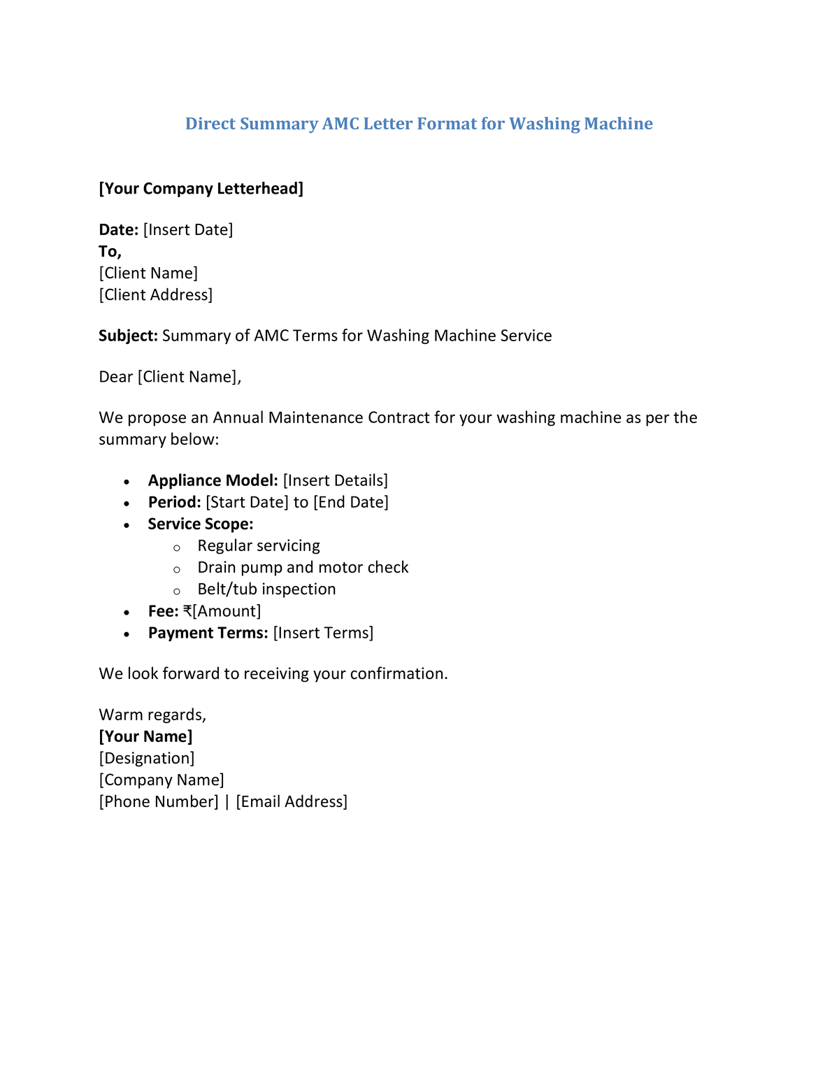 Direct Summary AMC Letter Format for Washing Machine