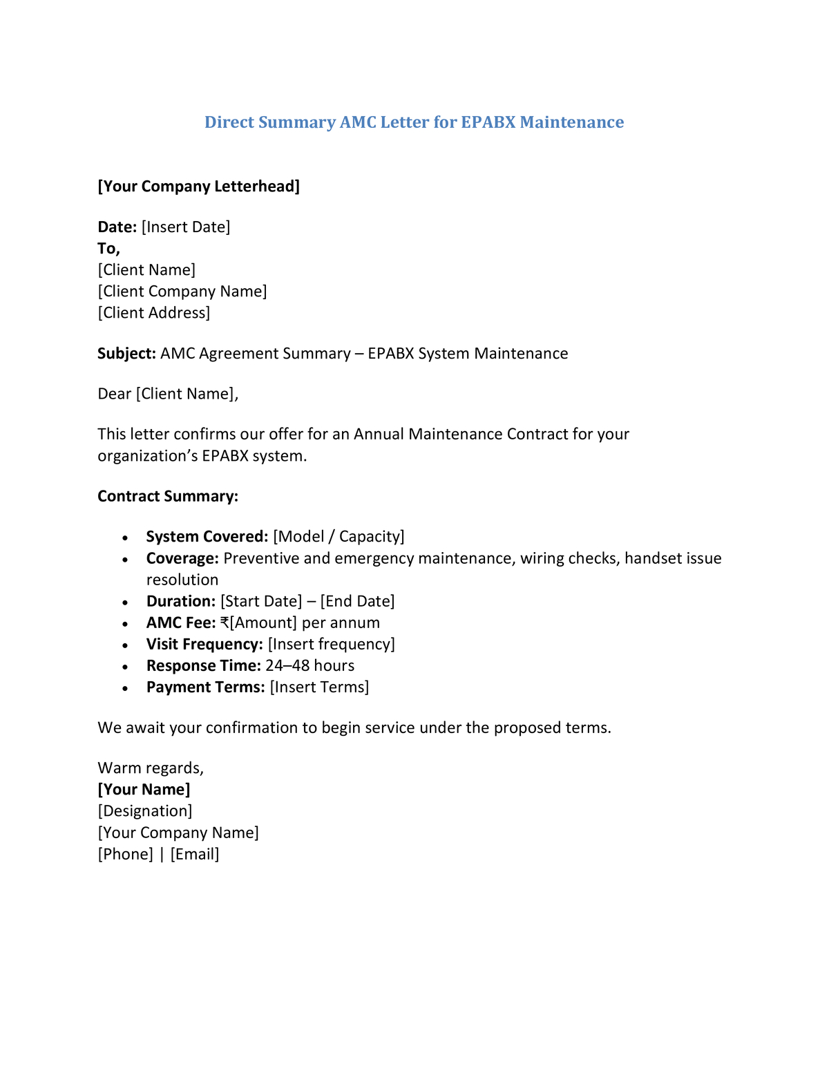 Direct Summary AMC Letter for EPABX Maintenance