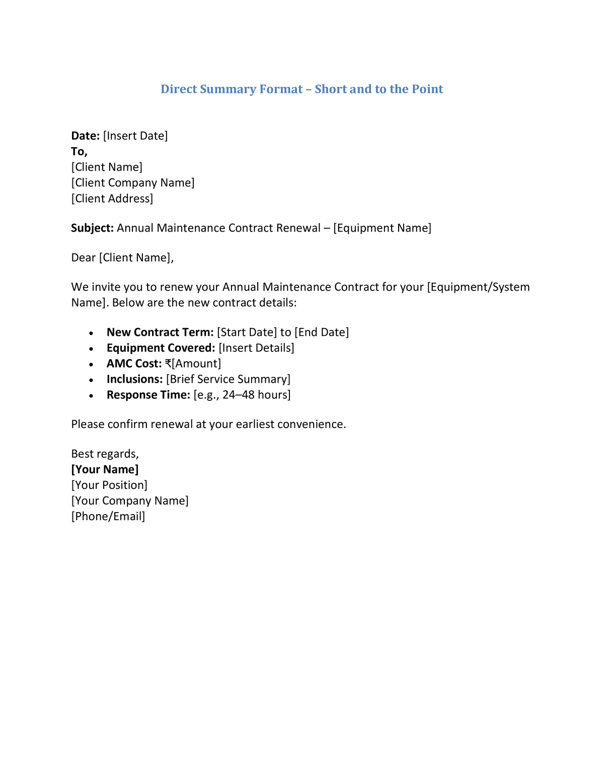 Direct Summary Format – Short and to the Point