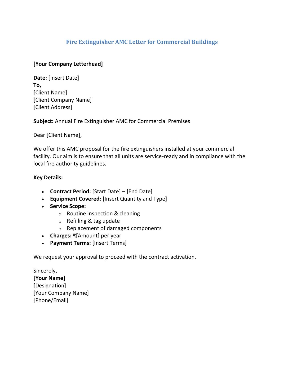 Fire Extinguisher AMC Letter for Commercial Buildings