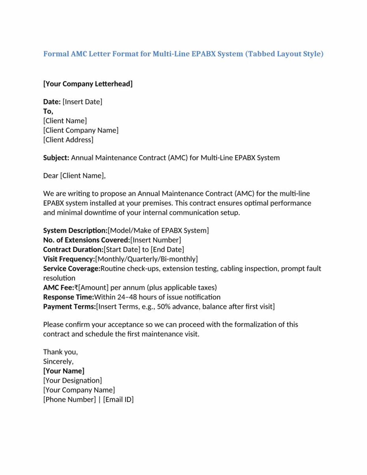Formal AMC Letter Format for Multi-Line EPABX System (Tabbed Layout Style)