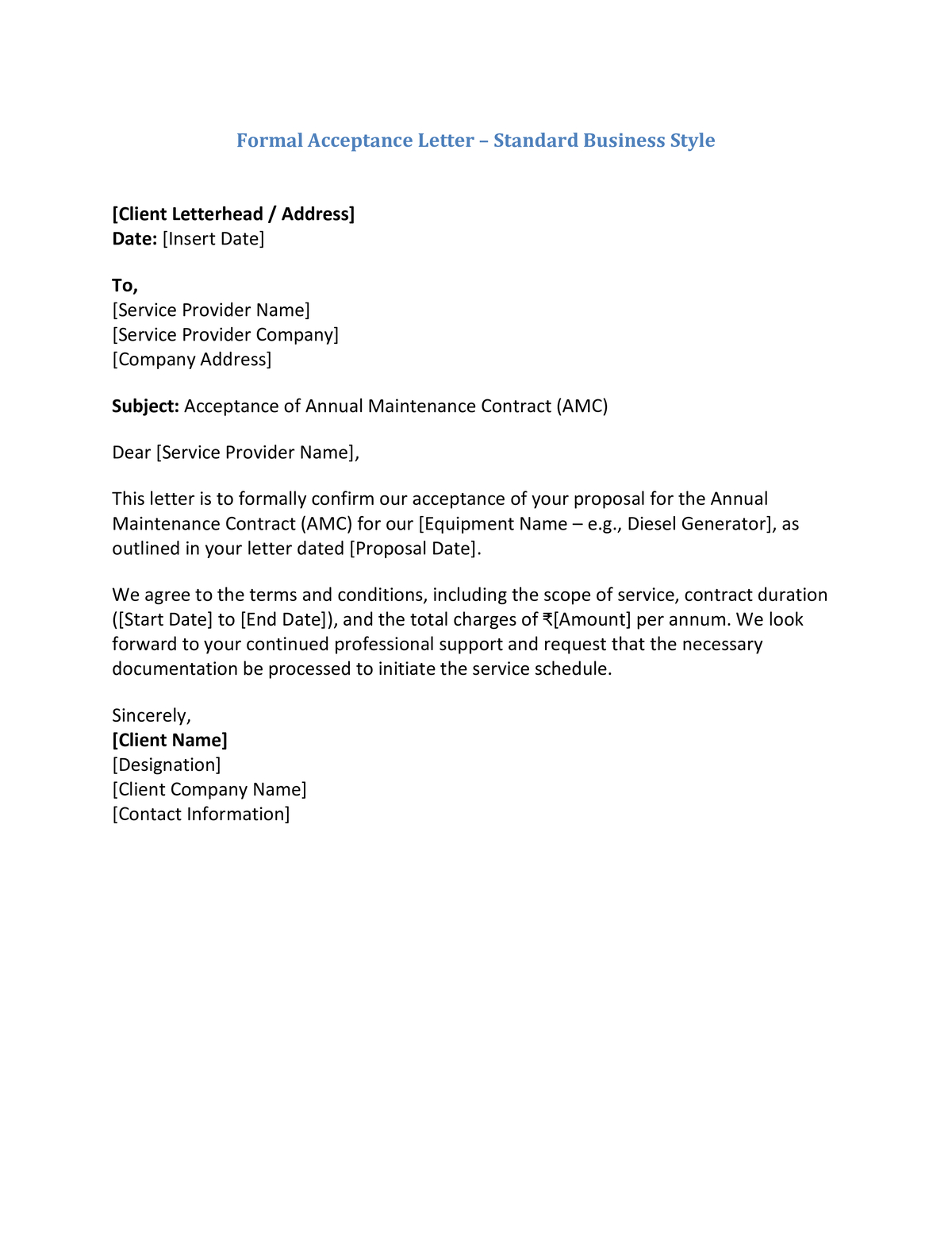 Formal Acceptance Letter – Standard Business Style