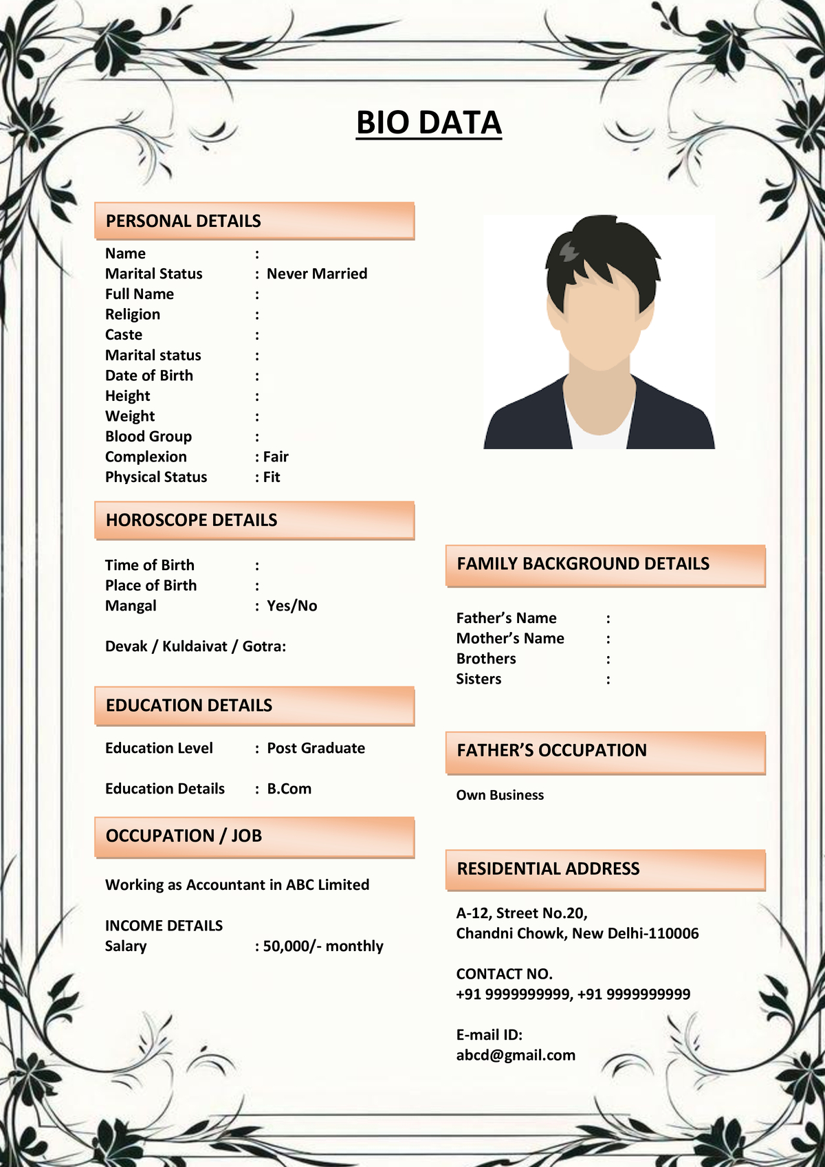 Marriage Biodata Format with Editable Page Border