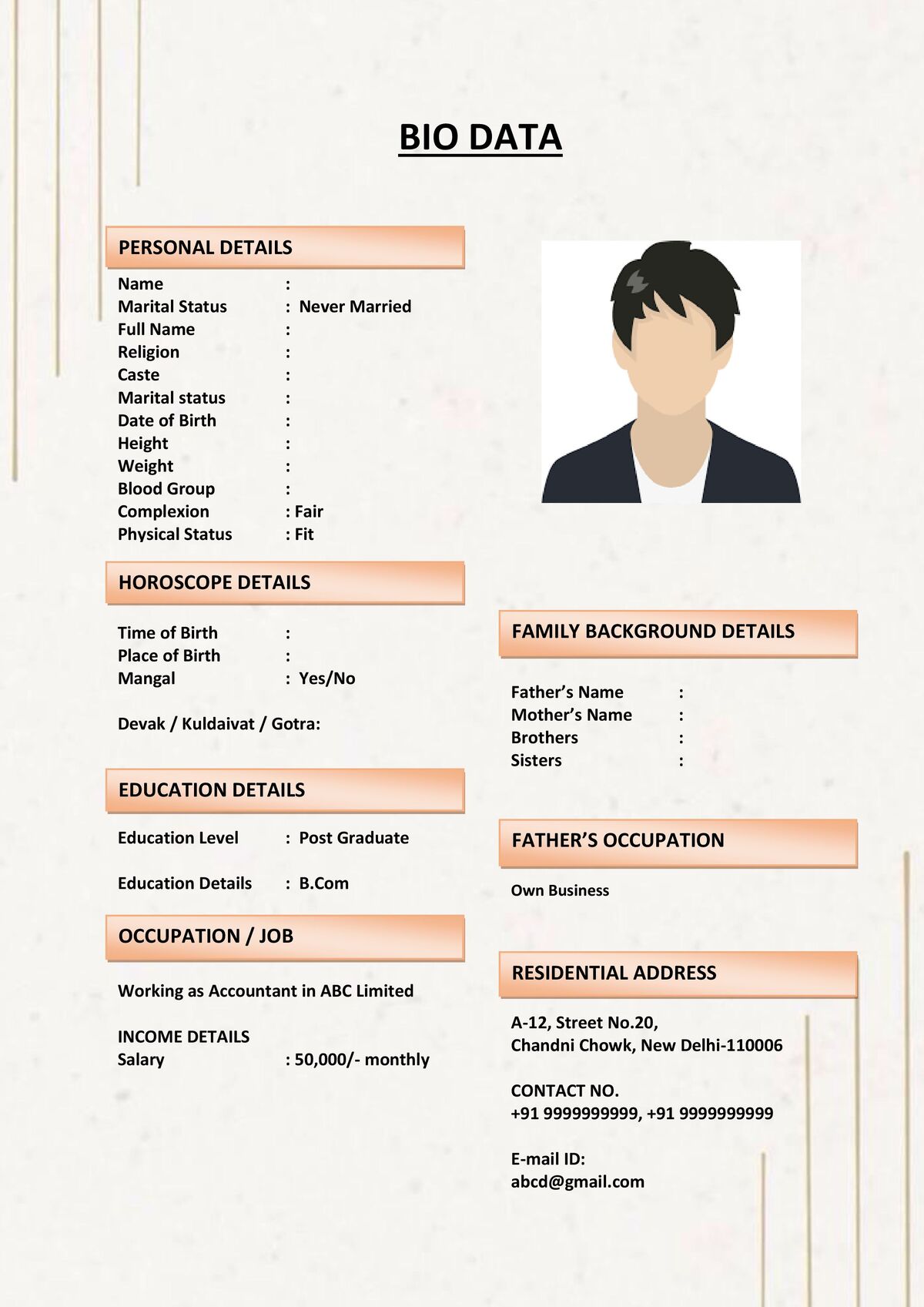 Marriage Biodata Format with Horoscope Chart