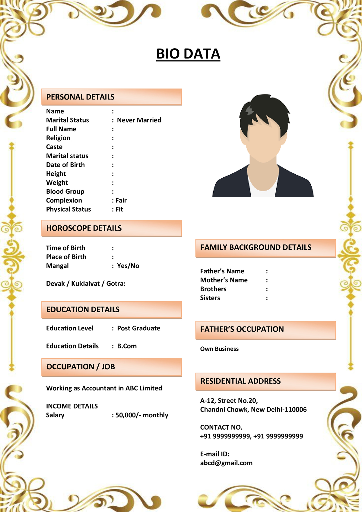 Marriage Biodata Format with Simple Borders