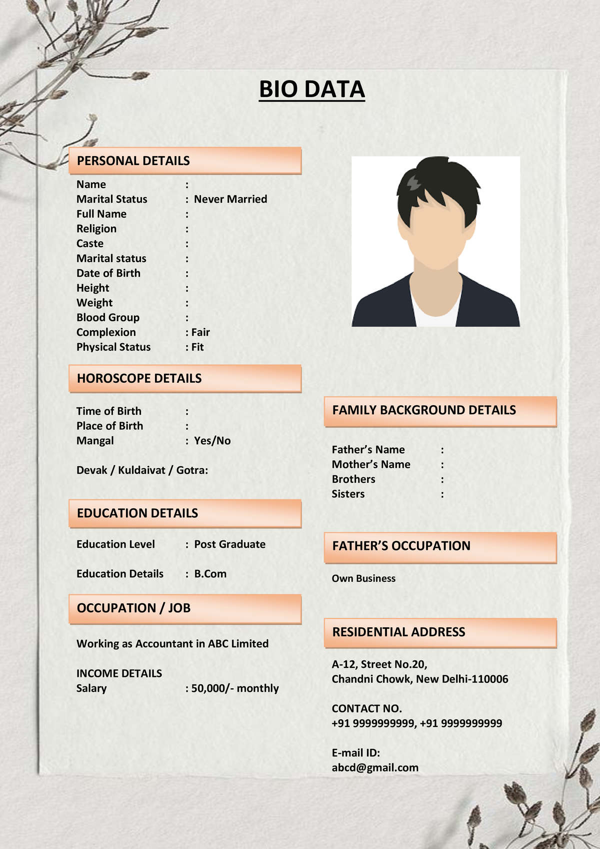 Marriage Biodata Format with Watermark
