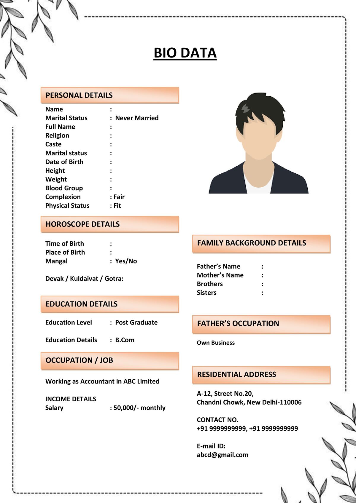 Marriage Biodata Template for Artist
