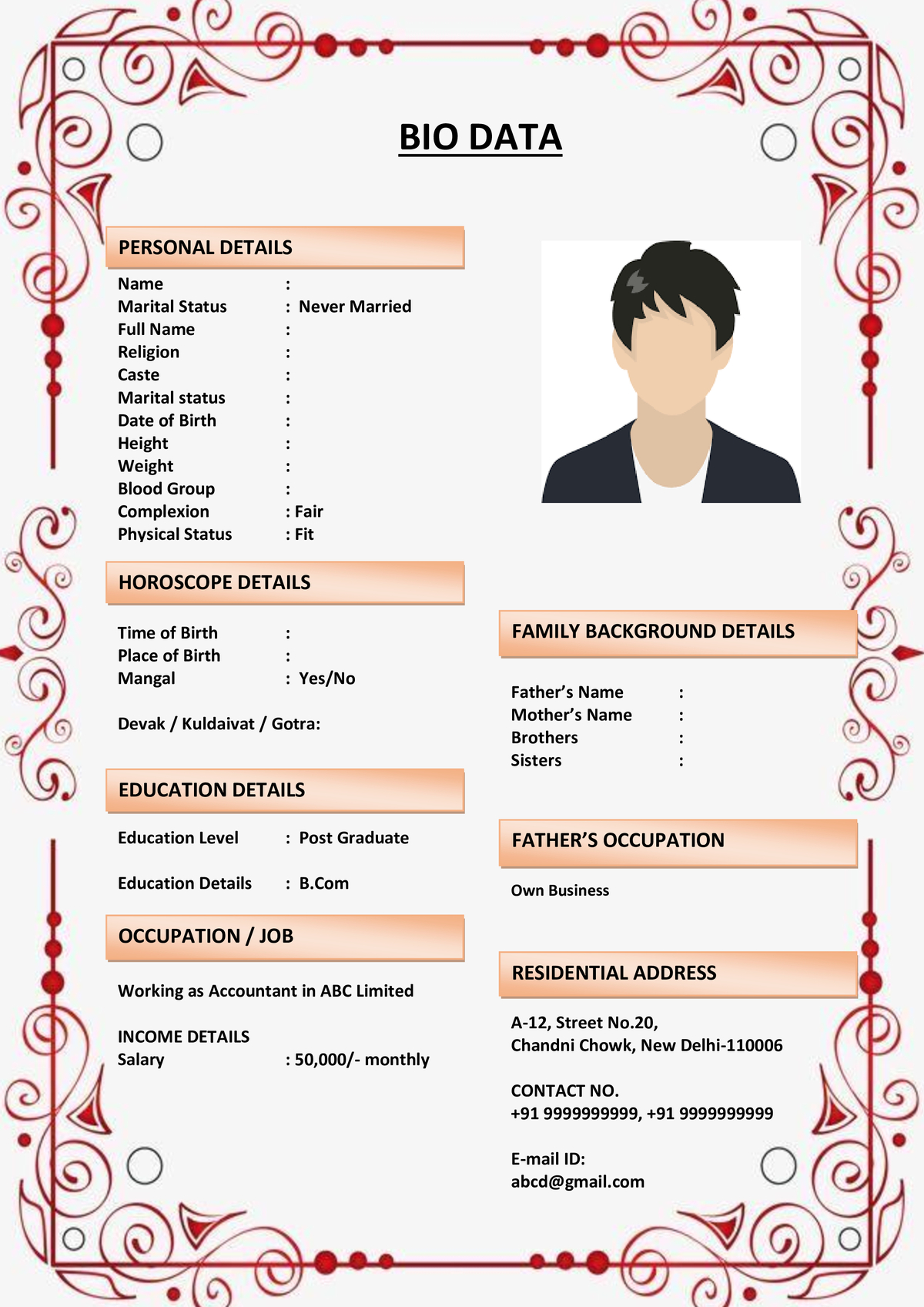 Marriage Biodata Template for Single Parent